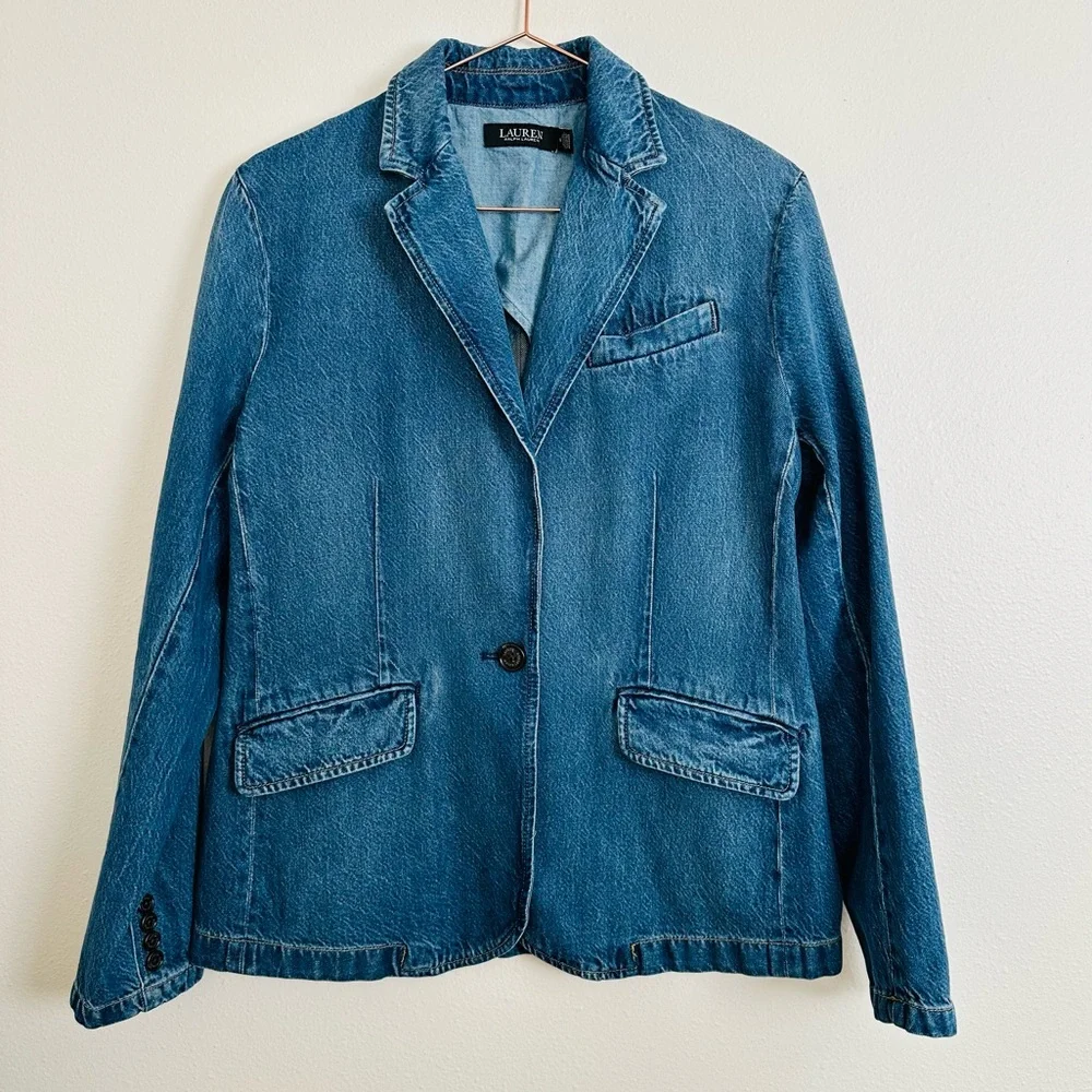 Ralph Lauren Casual Blue Cotton Denim One Button Notch Collar Blazer Jacket - Picture 12 of 16